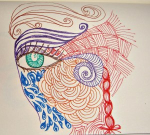 an eye with an elaborate doodle in color all around, she looks a bit sad to me.