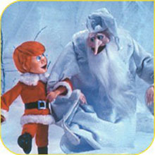 Scene from "Santa Claus is coming to Town" with Kris Kringle and the Ice Man song, Put one foot in Front of the other...