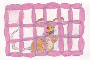 rough oil pastel of a rat in an inflatable pink cage, by wendy holcombe