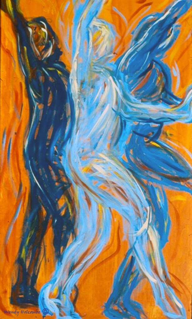 Gesture painting, 3 dancers in blute on orange